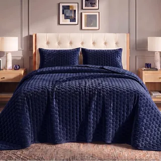 Tribeca Living Luganoquitwin Lugano Velvet Oversized Quilt Set, Samt, Indigo, Twin