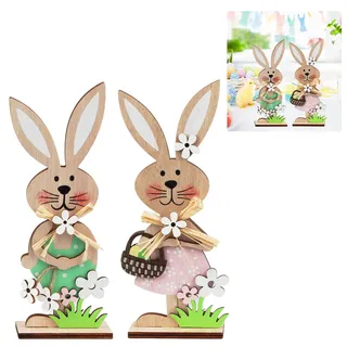 2 Stück Osterhasen Holz Figuren groß Aufsteller Ostern Hase mit Blumen Deko 19cm Osterhasen Figuren Stehend, Osterdeko Hasen Osterhasen Holz zum Hinstellen für Fensterbank Tischdeko Garten Deko