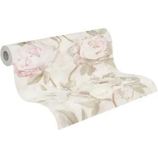 A.S. Création Vliestapete mit Rosen-Motiv in Creme, Grün, Rosa, Weiß, Lila - Florale Tapete 10,05 m x 0,53 m - 791671
