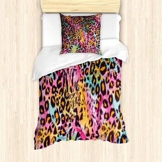 ABAKUHAUS Leopard-Druck Bettbezug Set, Fleckige exotische Panthera Haut Muster bunte Camouflage Style Safari Theme, 135 x 200 cm + 80 x 80 cm, Mehrfarbig