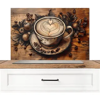 MuchoWow Spritzschutz Küche Kaffee - Vintage - Braun - Tasse - Holz 90x60 cm , Cappuccino , Metall , Rechteckig , 90x0.3x60 cm , rostfrei , Küchenzubehör, Küchenhelfer, Küchenutensilien