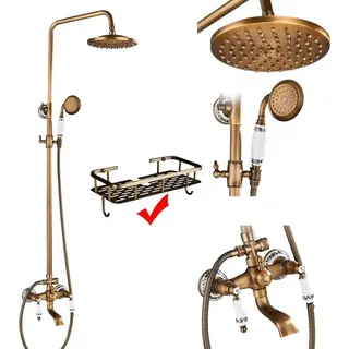 Antikes Messing-Duscharmatur-Set, Warm- und Kaltwasserhähne, Elegante gebürstete Oberfläche, Band C mit Regal