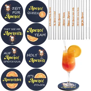 RZCOMP Aperol Spritz Geschenk 16 Stück,Aperol Filzuntersetzer und Aperol Glasstrohhalme Wiederverwendbar mit 2 Reinigungsbürste,Sommer Tischdeko Aperol Spritz Accessoires für Aperol Liebhaber