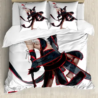 ABAKUHAUS Anime Bettbezug, Krieger Art-Mädchen, Milbensicher Allergiker geeignet mit Kissenbezügen, 155 cm x 220 cm - 80 x 80 cm, Rot, Weiß und Schwarz - Weiß