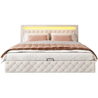Okwish Polsterbett 180/200 cm Weiß Funktionsbett mit Stauraum und LED-Beleuchtung , Kunststoff , 180x200 cm , Schlafzimmer, Betten, Polsterbetten