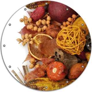 Wallario rundes Outdoor-Poster für Garten oder Balkon, Motiv Herbststimmung - Trockenfrüchte, Nüsse und Samen - Herbstdeko, 90 cm Durchmesser - Weiß