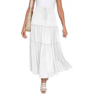 NASHALYLY Damen Chiffon Elastische Hohe Taille Plissee A-Linie Ausgestellt Maxi Röcke, weiß, 44