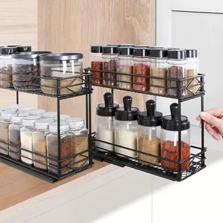 Gewürzregal Ausziehbar Schrank, 2 Stück, Aufbewahrungsregal 2 Etagen Gewürzregale für Küche, Gewürzregal herausziehen, Küchenschrank Organizer mit Schrank Regal, Flaschen Öl Zutaten Gläser Kochen