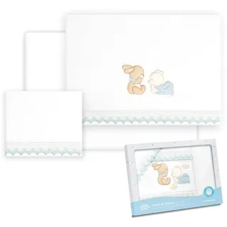 Interbaby Baby-Bettwäsche aus Baumwolle – Auto/Moses/Babywanne – liegender Bär Kaninchen – 3-teiliges Set – Spannbettlaken + Bettbezug + Kissenbezug