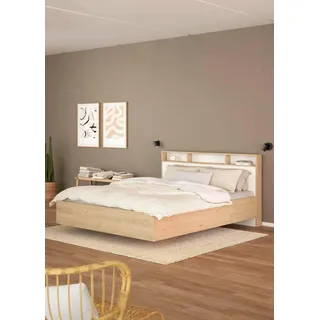 Dmora Doppelbett Charlene, Struktur des Container-Betts, Sommier mit Verkleidung, Matratzenhalterstruktur, 216x170 h1 cm, Eiche und Weiß