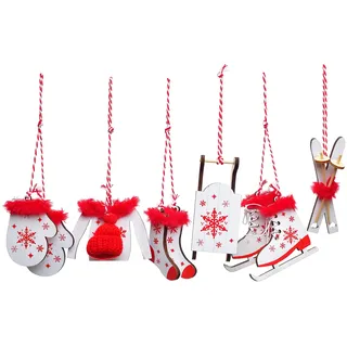 Heitmann Deco Holz-Baumschmuck Set – Natur, Weiß & Rot – 6 weihnachtliche Anhänger aus Holz mit winterlichen Motiven wie Schlitten, Ski und Mütze zum Aufhängen am Christbaum