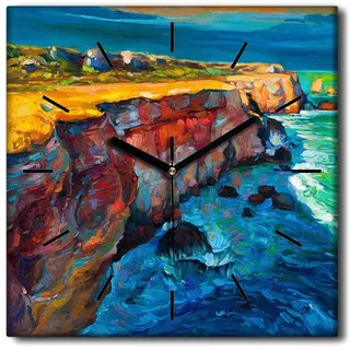 Coloray Uhr auf Leinwand 30x30 cm Wand Uhr Dekoration Wohnzimmer Segeltuch schwarze Hände -Abstraktion. Klippe. Ozean - Bunt