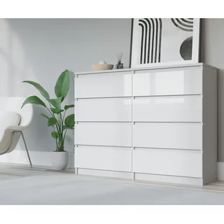 3xEliving Kommode Sideboard DEMII 8 120cm - mit 8 Schubladen in Weiß in Hochglanz / Verschiedene Farben und Großen - Weiß