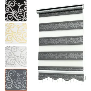 Doppelrollo Klemmfix ohne Bohren mit Perlen mit Volant Jalousien Gardinen Blumen Ranken Muster Grau Silber 110 x 200 cm (Stoffbreite 106cm) - Grau