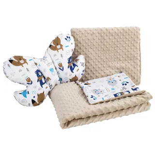 Medi Partners Babydecke Krabbeldecke Set 3in1 100% Baumwolle Minky Kinderdecke 55x75 + 35x30cm flaches Kissen und Anti-Schock-Kissen Schmetterling (Boho Animals mit beige Minky), 5903031427042