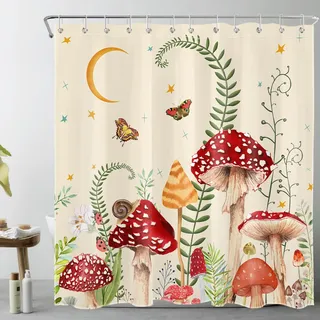 EOBTAIN PilzDuschvorhang Retro Pilze Schmetterling Blumen Boho Mond Sterne Botanische Wildblumen Grüne Pflanze Ästhetischer Badezimmer Vorhang 175 x 178 cm Wasserdicht Stoff Langlebig Waschbar mit