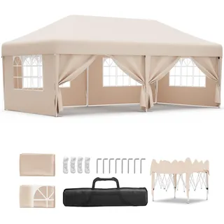 JUMMICO Pavillon 3x6 Wasserdicht Stabil Winterfest Höhe Verstellbar,Faltpavillon Partyzelt mit 6 Seitenwänden,Pavillion UV Schutz 50+,Gartenpavillon Faltzelt für Party,Hochzeit,Garten, Innenhof,Beige