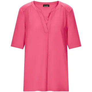 Kurzarmbluse GOLDNER "Kurzgröße Chiffonbluse mit Jersey-Rückteil", Damen, Gr. 19, pink, Obermaterial: 95% Viskose CV. 5% Elasthan EL., figurumspielend, Blusen Kurzarmbluse, Gekräuselte Schulterpartie