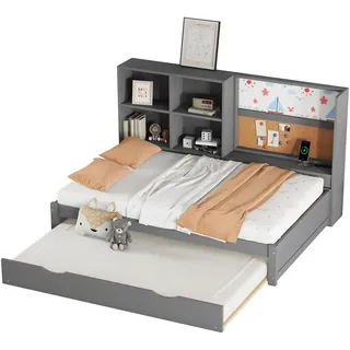 Stauraumbett mit Lattenrost, Regal und Gästebett (90x200 cm), Einzelbett, Kinderbett, Holzbett, Kiefer - Grau