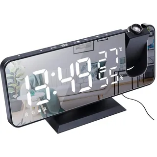 ThreeH Projektionswecker für Schlafzimmer Großes 7,4'' LED Spiegeldisplay & 4 Dimmer Radiowecker mit USB Aufladung 180° drehbar 2 Töne Schwarz-Weiß
