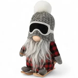 MIJOMA Wichtel Dekofigur 20cm – Skandinavischer Stoff-Wichtel mit Wintermütze auf Holzskiern – Plüschfigur zum Aufstellen – Winterdeko Weihnachten Skandi Hygge Stil (Frostgrau kariert)