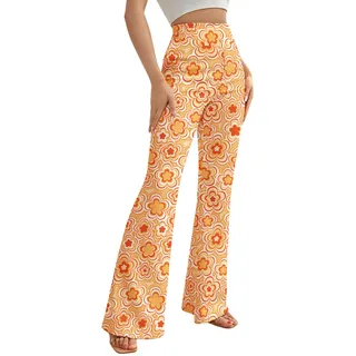 EVELUST 70er Jahre Schlaghose Für Damen – Boho 60er Hose Hippie Blumen High Waist Outfit Disco Kostüm Yogahose Leggings(Orange, S, 1050w)