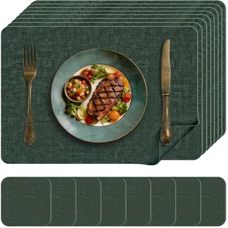 KitchenBoss Platzsets Abwaschbar und Untersetzer aus Kunstleder, 8er-Set Tischsets Abwaschbar Platzdeckchen Für den Einsatz in Küchen, Esszimmern und Büros,Grün, 43x30cm