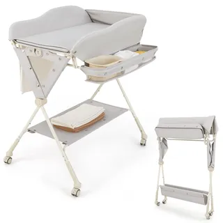 COSTWAY 5 in 1 Wickeltisch klappbar mit Rollen, Wickelkommode 3 stufig höhenverstellbar mit Wasserbecken & Lineal, mobile Wickelstation für Baby bis 6 Monaten (Grau)