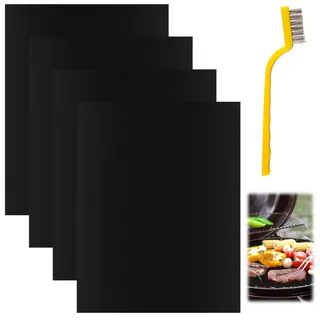 BBQ Grillmatte für Gasgrill,4er Set Dauerbackfolie für Backofen,Antihaft Grillmatten mit Bürsten 40x33cm,Backpapier Wiederverwendbar,Dauerbackfolie für Backblech,PFOA-Frei,für Holzkohlegrill