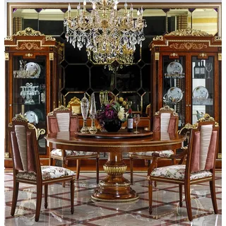 Runder Esstisch + 6 Stühle Stuhl Esszimmer Komplett Garnitur Barock Rokoko Set - Braun