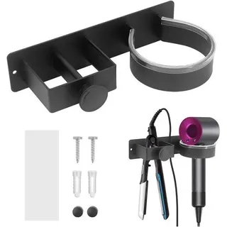 2-in-1 Wandhalter für Haartrockner - Stilgerät und Haartrocknerhalter - Praktischer Organizer - Mit Montageset - Selbstklebend - mit Schrauben und Muttern - Aluminium - Schwarz - Schwarz