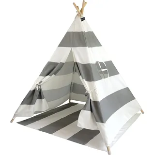 Hej Lønne Tipi Zelt für Kinder (grau, gestreift), Indianerzelt, 4 Stangen, 120x120x150cm, Baumwolle