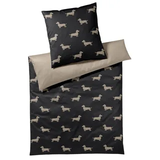 elegante Mako-Satin-Bettwäsche-Garnitur Dogs Farbe Schwarz-Beige Größe 135x200+80x80