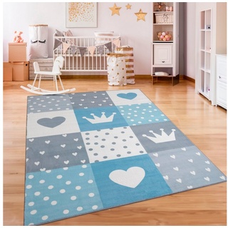 Paco Home Kinderteppich »Eliz 391«, rechteckig, 12 mm Höhe, Kurzflor, Spielteppich, Patchwork-Muster, Motiv Krone, Herz & Punkte blau