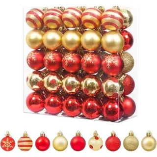 STrading – Set mit 50 bruchsicheren Weihnachtskugeln aus Kunststoff, 4 cm, mit Aufhänger – Rot und Gold – Mini-Weihnachtskugeln zur Christbaumschmuck