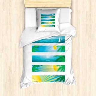 ABAKUHAUS Strand Mantele, Banner Stripes Exotic, Milbensicher Allergiker geeignet mit Kissenbezügen, 135 cm x 200 cm - 80 x 80 cm, Blau Gelb Grün