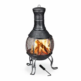 Relaxdays Gartenofen Silbergrau gebürstet Stahl Funkenschutz , Grau , Metall , 45x89x45 cm , Gartenmöbel, Feuerschalen & Feuerkörbe