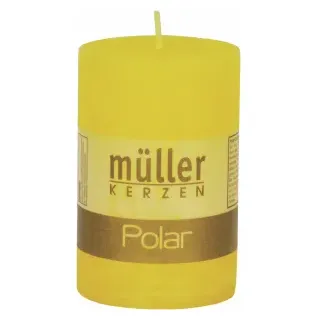 Müller Kerzen Polar Stumpenkerzen 90/58 mm, Raureif-Effekt, Kleiner Kerzen Stumpen für ein besonders gemütliches Ambiente, 1 Packung = 6 Stück, gelb