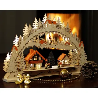 Wichtelstube-Kollektion Holzkunst LED Schwibbogen Weihnachtsmarkt Schwippbogen Lichterbogen, Weihnachtsdeko Fensterbank Echtholz, Batteriebetrieben mit Timer, 44cm Breite...