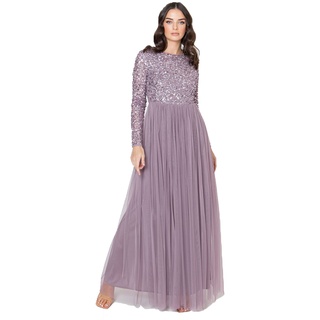 Maya Deluxe Damen Women's for Wedding Guest Plus Size Large Rich High Waist Sequins Long Sleeve Prom Evening Bridesmaid Dress, Moody Lilac, 42 EU