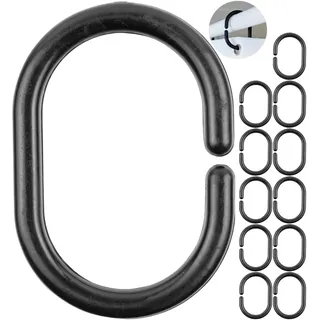 Duschvorhang Ringe, 12 Stück, in Schwarz, Ø 4,6 x 2,9 cm innen, für Duschvorhangstangen, Schwarze Duschringe, aus stabilem Kunststoff, Ring Dusche Duschvorhang, Duschvorhangringe, Duschhaken C-Ring