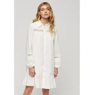 Superdry für Damen. W8011625A Hemdkleid mit weißem Spitzenmix (L), Lässig, Baumwolle, Langarm