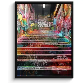 MuchoWow Poster MIT Rahmen Treppe - Graffiti - Farben - Kunst Posterleiste 60x80 cm , Multicolor , Papier , Rechteckig , 60x80 cm , gerahmt , Bilder & Rahmen, Bilder