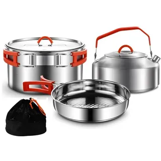 Camping Geschirr 304 Edelstahl Camping Kochgeschirr Set Camping Topfset | Camping Kochset, beinhaltet Topf Nonstick Bratpfanne Wasserkocher in Mesh Tasche für Wandern Kochen Rucksack für 1-2 Mens
