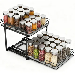 logei Gewürzregal Ausziehbar,2 Etagen Gewürzregale Schrank Organizer Küche, küchenschrank organizer Ausziehbar,Spice Rack Höhenverstellbar Stehend Arbeitsplatte Gewürzregal für Küchenschränke