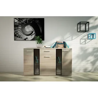 FURNIX Sideboard SARAI mit Schublade, Glastüren und ohne LED 3-türig Anrichte Kommode fürs Esszimmer 140 cm modern Eiche Sonoma - Braun