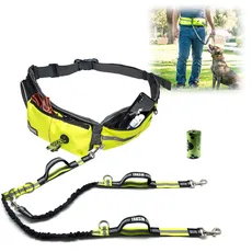 TAKSIN - The Ultimate Two Dogs Hands Free Walking Leash + Training Running Leash + Treat Holder + Poop Bag Dispenser + Phone Pocket + Bottle Holder (Small/Large Dogs) Neon Yellow