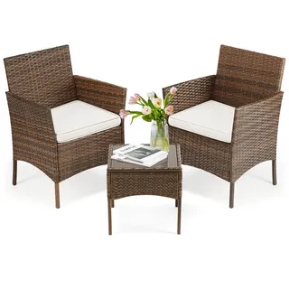 DUMOS Rattan Gartenmöbel Set, Wasserfest und Atmungsaktiv Terrassenmöbel, Balkonmöbel mit 2 Armlehnstühlen, 2-Personen-Möbelsets, Balkon Möbel Geeignet für Balkon, Garten, Hinterhof, Pool (Braun)