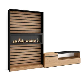 Skraut Home | Wohnwand Wohnzimmer | Wohnzimmermöbel, Möbelset | 260x186x35cm | Für TV-Geräte bis zu 65" | Elektrokamin | Moderner Stil | Eiche Schwarz