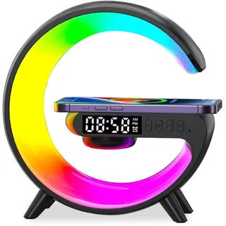 Nachttischlampe mit Ladefunktion, 5W Uhr mit Ladestation Handy LED Lampe mit Ladestations Dimmbar G Lampen mit Bluetooth Lautsprecher, Wecker und Ladestation für Handy, 10 Lichtfarbe (Schwarz)